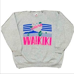 Vintage 80/90s Waikiki crew neck sweater. Grey/Neon Pink XL